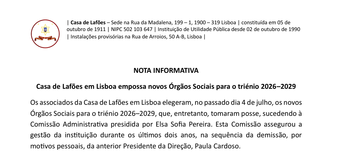 Read more about the article Casa de Lafões em Lisboa empossa novos Órgãos Sociais para o triénio 2026–2029